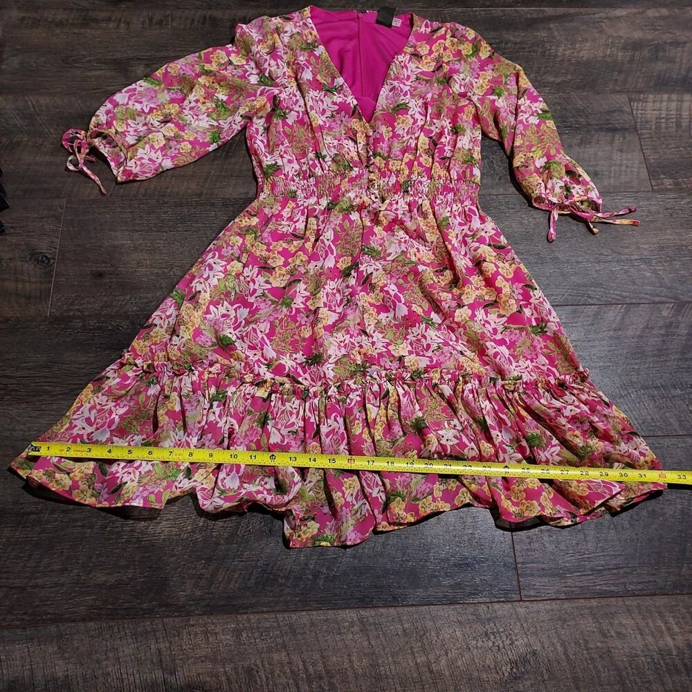 Fairycore Taylor Pink Floral 3/4 Sleeve V-Neck Button Ruffle Smocked Mini Dress - Picture 11 of 13